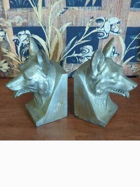 Vintage Heavy Metal German Shepherd Dog Bookends Silver Patina Set of 2